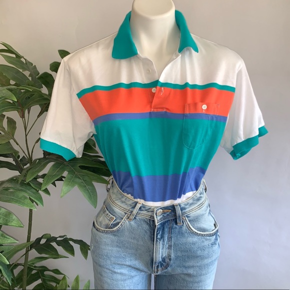 Vintage Tops - v i n t a g e :: 90s Retro Colorblock Striped Polo Shirt